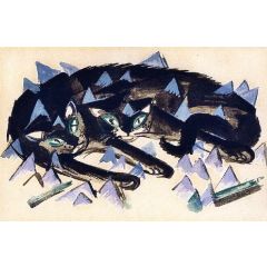 Two Reclining Black Cats Painting Reproduction