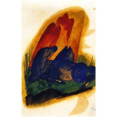 Two Blue Horses in front of a Red Rock Painting Reproduction
