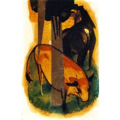 Red and Yellow Cow, also known as Black Brown Horse and Yellow Cow Painting Reproduction