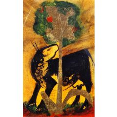 Black Cow behind a Tree Painting Reproduction