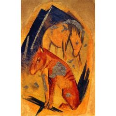 Two Horses in front of a Blue Mountain Painting Reproduction
