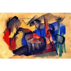 Three Horses in Landscape with Houses Painting Reproduction
