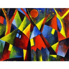 Yellow Moon over Tumbling Houses Painting Reproduction