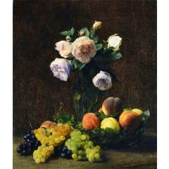 Still LIfe: Vase of Roses, Peaches and Grapes Painting Reproduction