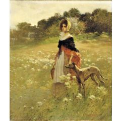 Young girl and dog Painting Reproduction