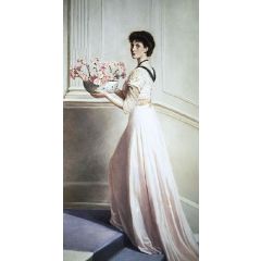 Lady with a bowl of pink carnations Painting Reproduction
