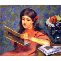 Girl Looking at a Book Painting Reproduction