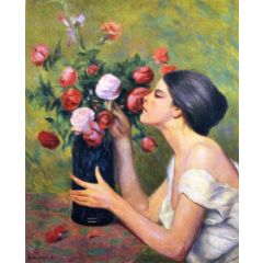 Woman with Rose Bouquet Painting Reproduction