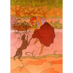 Woman with Jumping Dog Painting Reproduction