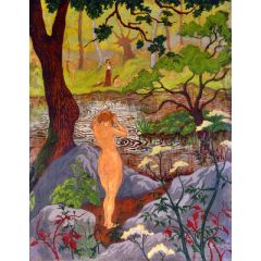 Nude Fixing Her Hair by a Pond Painting Reproduction