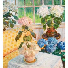 Garden with Hydrangeas in Pots Painting Reproduction