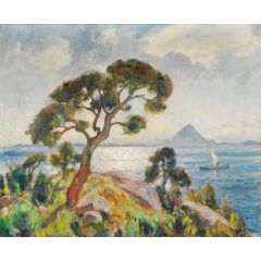 Coastal Landscape with Sailing Boat Painting Reproduction