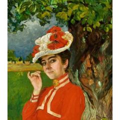 Woman in Red Dress and Hat Painting Reproduction