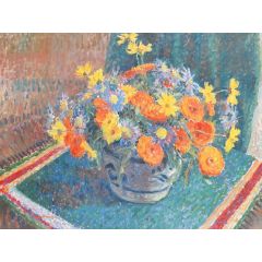 A still life of summer flowers in a pottery bowl on a table Painting Reproduction