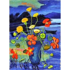 Floral Still LIfe in front of a Landscape Painting Reproduction