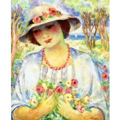 Girl with Flowered Hat Painting Reproduction