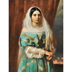 Dark-Haired Beauty in a Turquoise Dress Painting Reproduction
