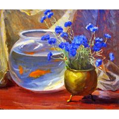 Goldfish Bowl and Flowers Painting Reproduction
