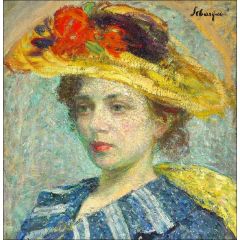 Woman with Hat with Flowers Painting Reproduction
