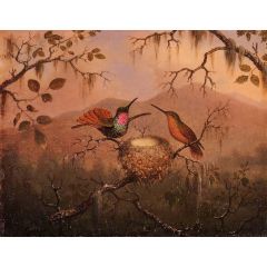 Two Hummingbirds at a Nest Painting Reproduction