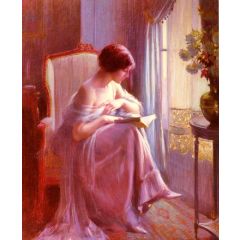 Young Woman Reading By A Window Painting Reproduction