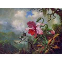 Orchid and Hummingbirds near a Mountain Lake Painting Reproduction