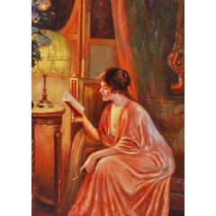 Lady Reading By Lamplight Painting Reproduction