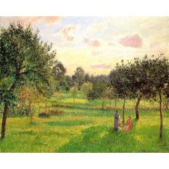 Two Women in a Meadow: Sunset at Eragny Painting Reproduction