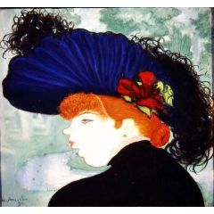 Red haired woman with a blue hat Painting Reproduction