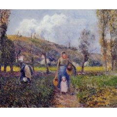 Peasant Woman and Child Harvesting the Fields, Pontoise Painting Reproduction
