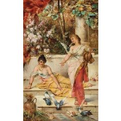 Young Maidens with Doves Painting Reproduction