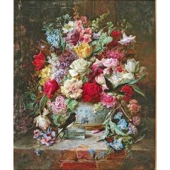 Still Life with morning glories, bluebirds and bumblebees Painting Reproduction