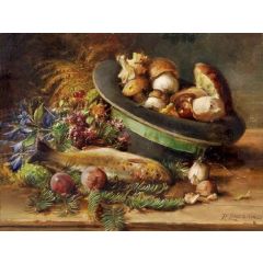 Still Life with Mushrooms and Fish Painting Reproduction