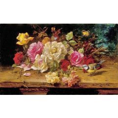 Still Life with Flowers, Bird and Butterfly Painting Reproduction