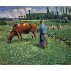 Girl Tending a Cow in a Pasture Painting Reproduction