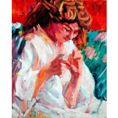 Girl Mending Painting Reproduction