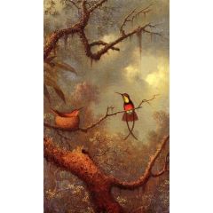 Crimson Topaz Hummingbirds Nesting in a Tropical Forest Painting Reproduction