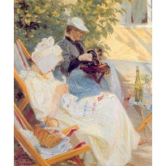 Marie and Her Mother in the Garden Painting Reproduction