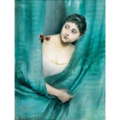 Young Woman behind the Blue Curtain Painting Reproduction