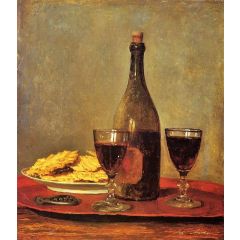 Still Life: Two Glass of Red Wine, a Bottle of Wine; a Corkscrew and a Plate of Biscuits on a Tray Painting Reproduction