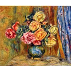 Roses with Blue Curtain Painting Reproduction