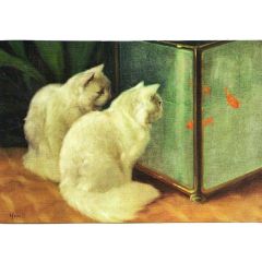 White Cats Watching Goldfish Painting Reproduction