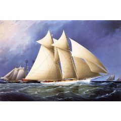 New York Yacht Club Schooner ’Columbia’ Leading New York Yacht Club Schooner ’Dauntless’ Rounding Sandy Hook Lightship in the Hurricane Cup Race Painting Reproduction