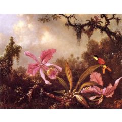 Orchids and Crimson Topaz Hummingbird Painting Reproduction