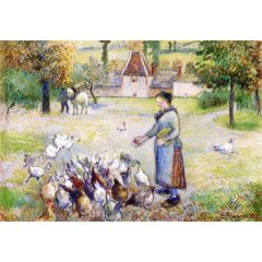 Woman Distributing Grain to the Chickens, Farm in Bazincourt Painting Reproduction