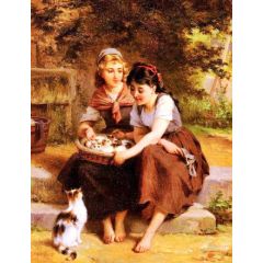 Two Girls With A Basket Of Kittens Painting Reproduction