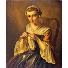 A Girl Knitting Painting Reproduction
