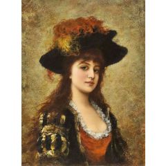 A Young Beauty with Feathered Hat Painting Reproduction