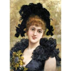 Portrait of a Young Lady in a Black Dress with a Sunflower Painting Reproduction