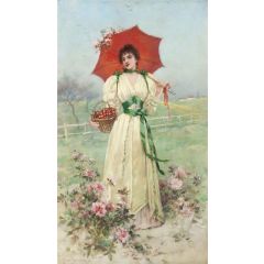 Girl with Red Umbrella Painting Reproduction